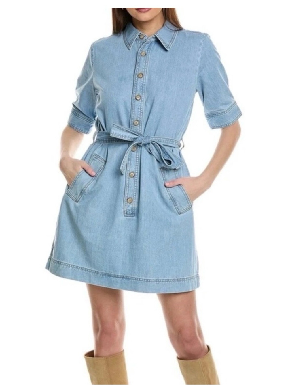 Frame Denim Light Blue Button-Front Tie-Waist Denim Dress
